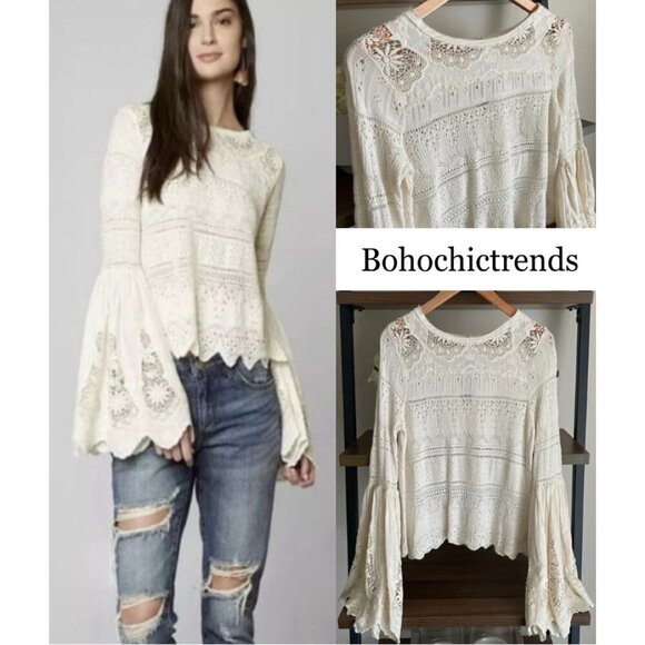 Free People Cream Crocheted Lace Bell Sleeve Top, Size XS - Picture 1 of 15